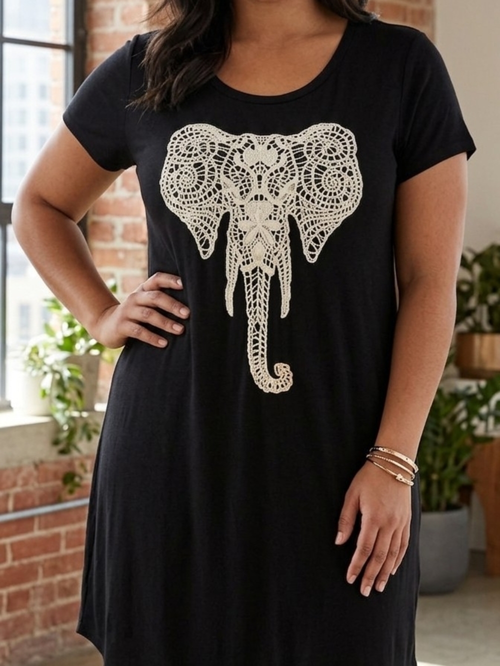 Bear Dance Black Tee Dress with Cream Accent.   WD 33